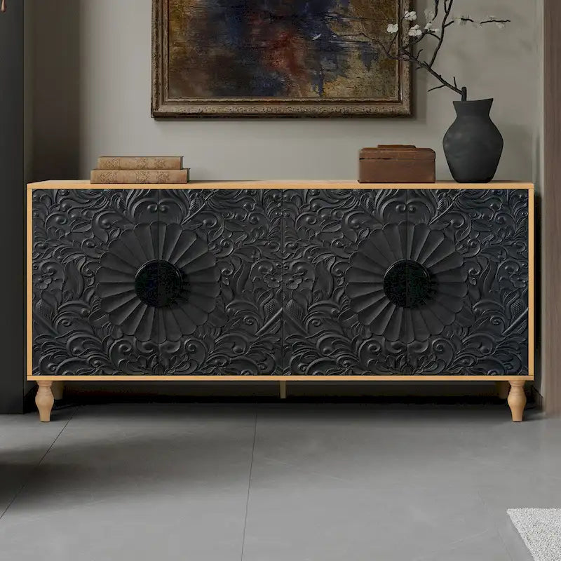 Credenza intagliata a 2 ante, Naturale / Bianco Nero