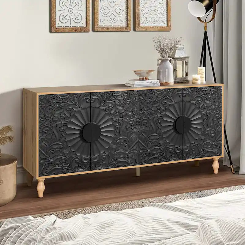 Credenza intagliata a 2 ante, Naturale / Bianco Nero