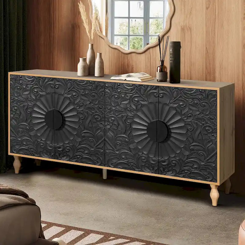 Credenza intagliata a 2 ante, Naturale / Bianco Nero