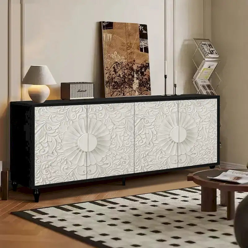 Credenza intagliata a 2 ante, Naturale / Bianco Nero