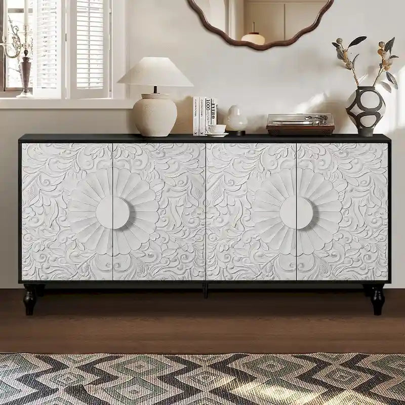 Credenza intagliata a 2 ante, Naturale / Bianco Nero
