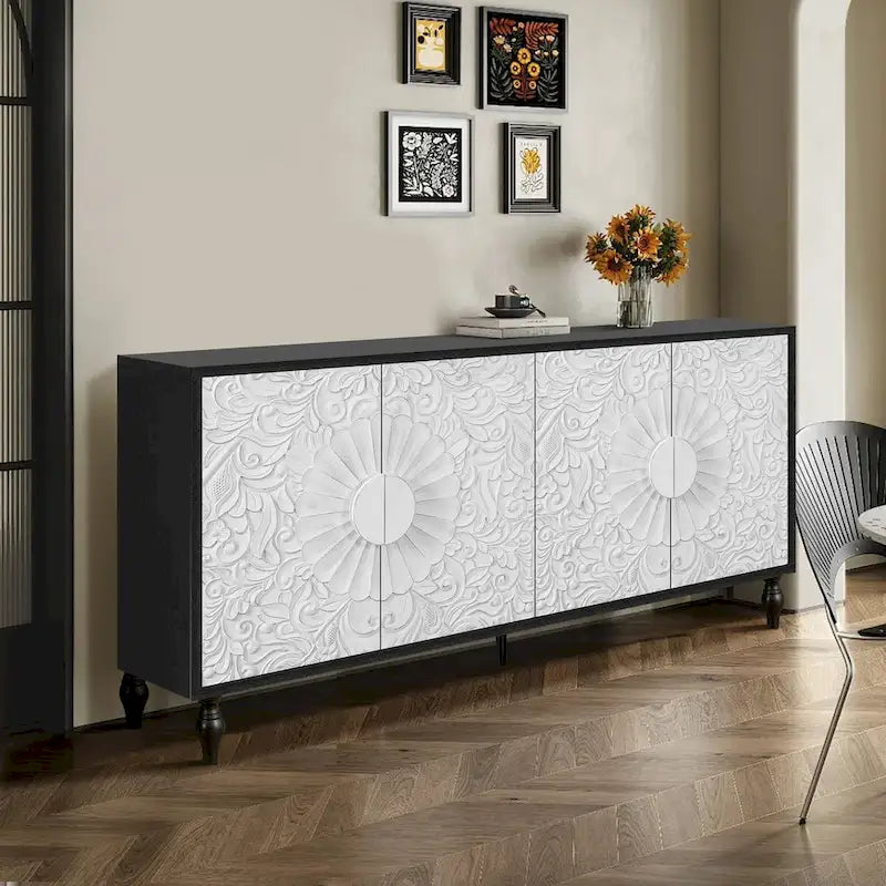 Credenza intagliata a 2 ante, Naturale / Bianco Nero