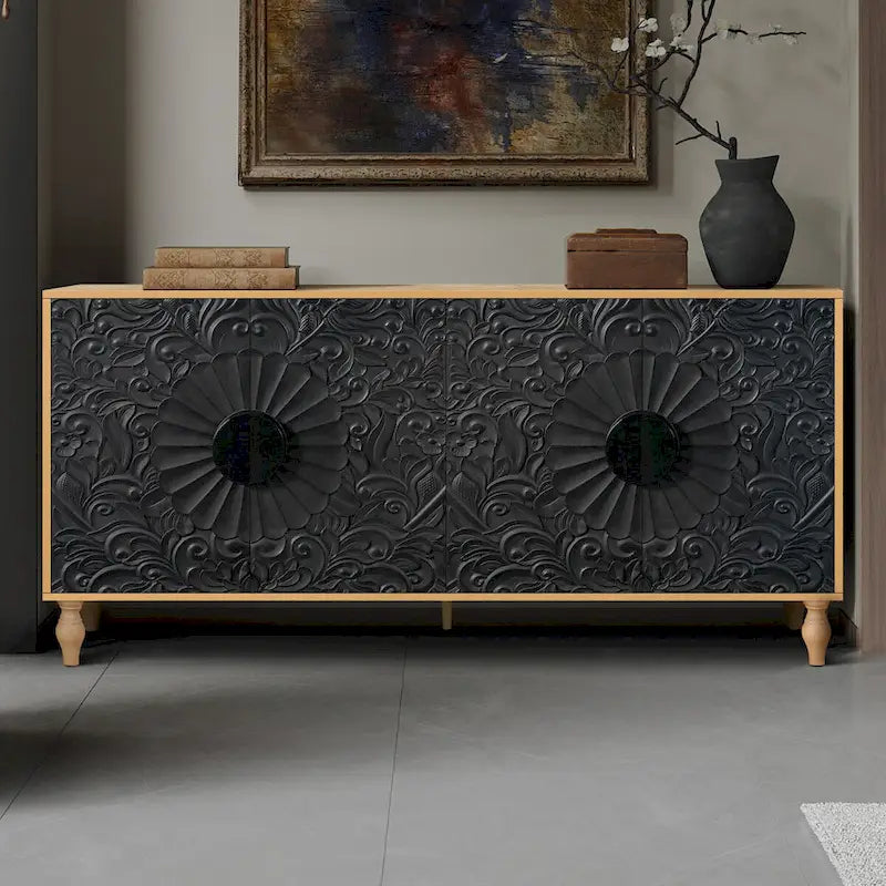 Credenza intagliata a 2 ante, Naturale / Bianco Nero
