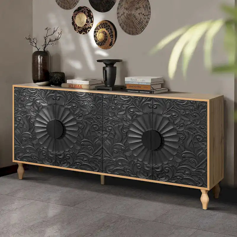 Credenza intagliata a 2 ante, Naturale / Bianco Nero
