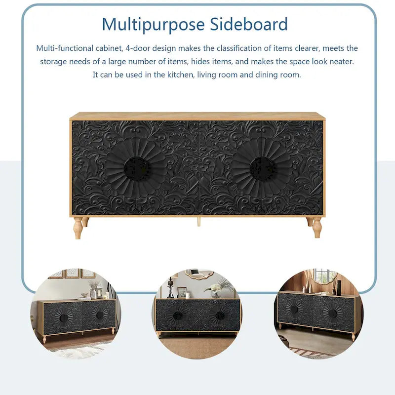 Credenza intagliata a 2 ante, Naturale / Bianco Nero