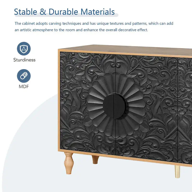 Credenza intagliata a 2 ante, Naturale / Bianco Nero