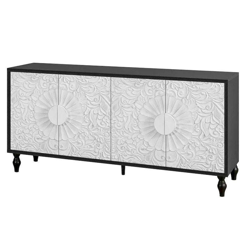 Credenza intagliata a 2 ante, Naturale / Bianco Nero