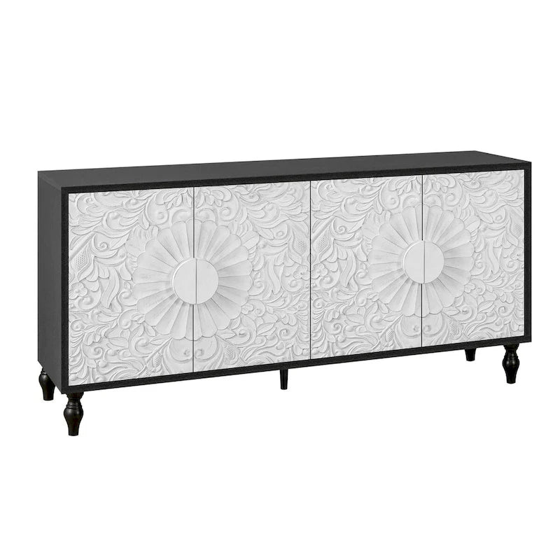 Credenza intagliata a 2 ante, Naturale / Bianco Nero