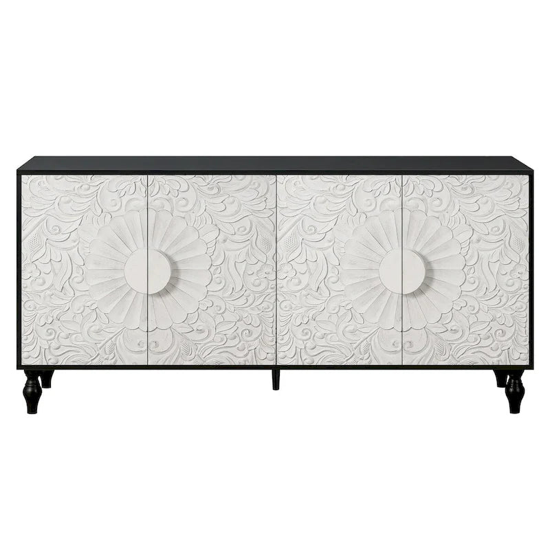 Credenza intagliata a 2 ante, Naturale / Bianco Nero