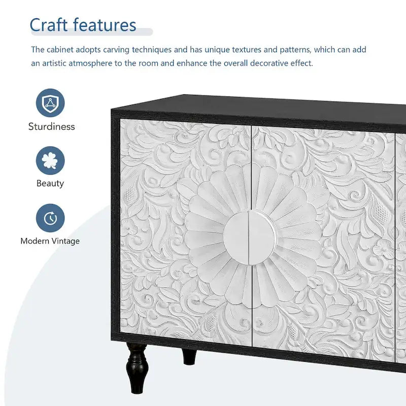 Credenza intagliata a 2 ante, Naturale / Bianco Nero