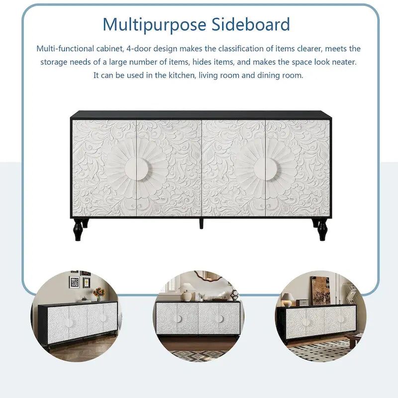 Credenza intagliata a 2 ante, Naturale / Bianco Nero