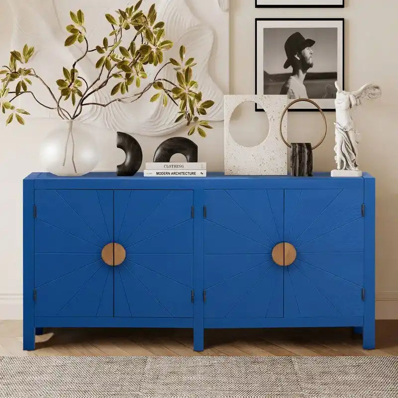 Madia credenza a 4 ante da 152 cm, blu navy/nera, con ripiani regolabili