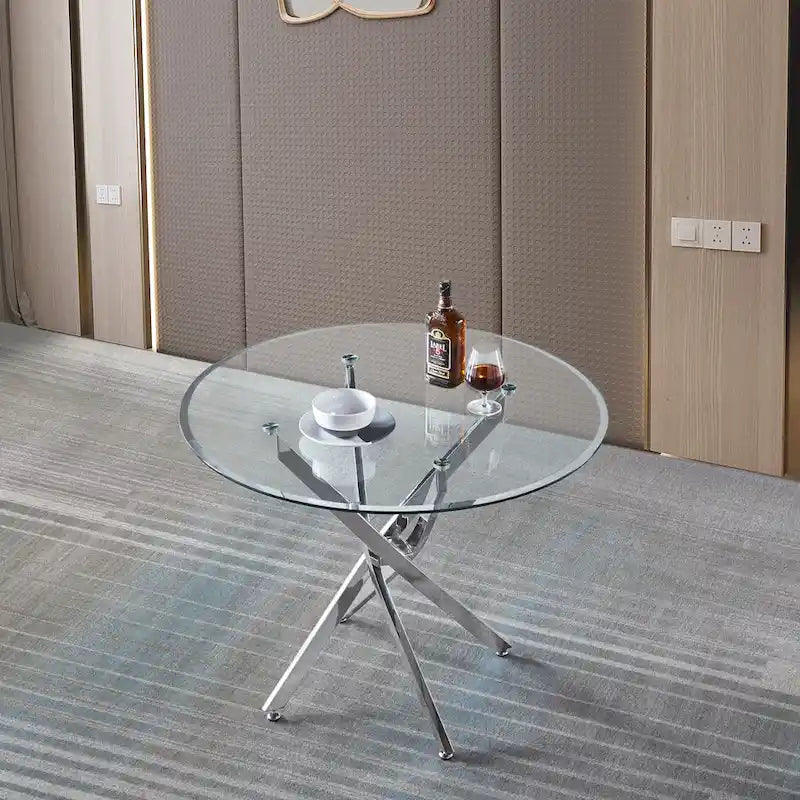 Tavolo da pranzo rotondo in vetro, argento/oro, stile moderno, 4 posti