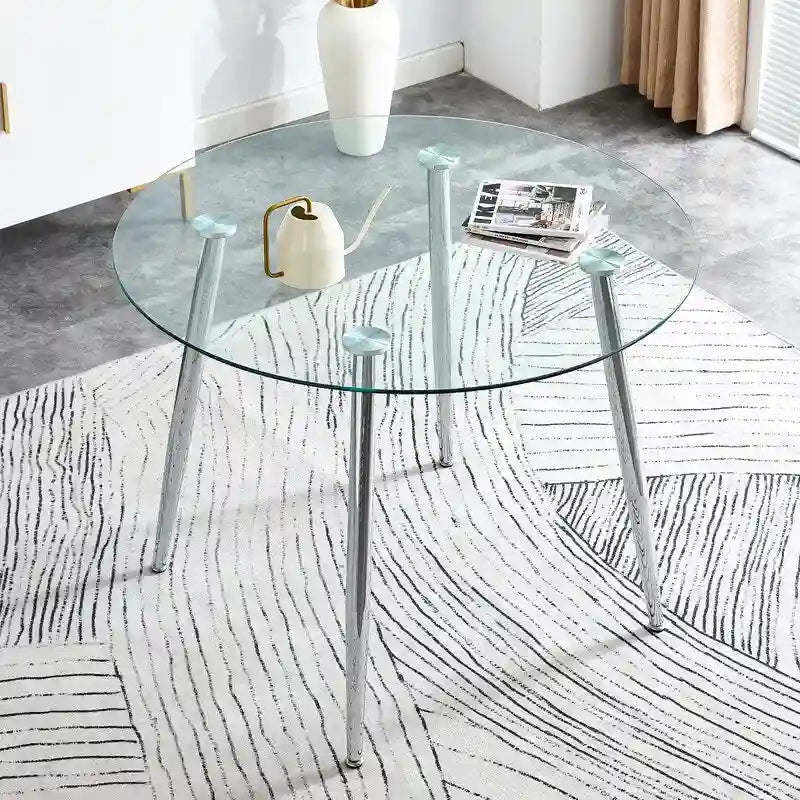 Tavolo da pranzo rotondo in vetro da 40" con gambe in metallo, argento/oro, 4-6 posti a sedere