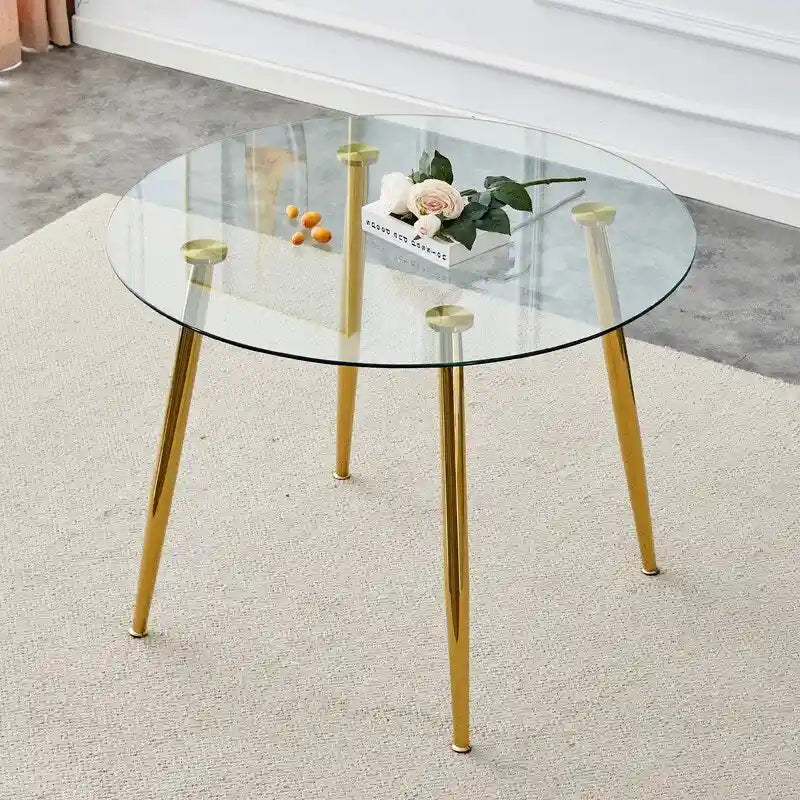 Tavolo da pranzo rotondo in vetro da 40" con gambe in metallo, argento/oro, 4-6 posti a sedere