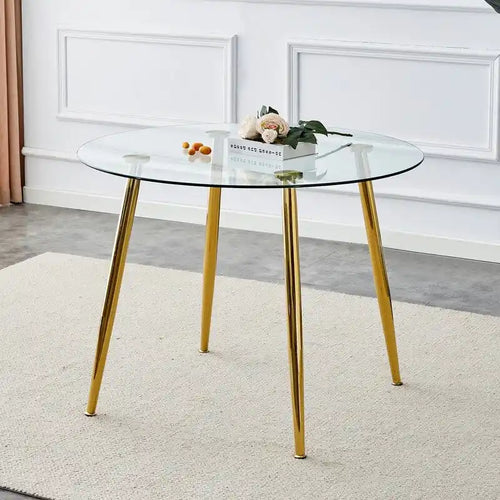 Tavolo da pranzo rotondo in vetro da 40" con gambe in metallo, argento/oro, 4-6 posti a sedere