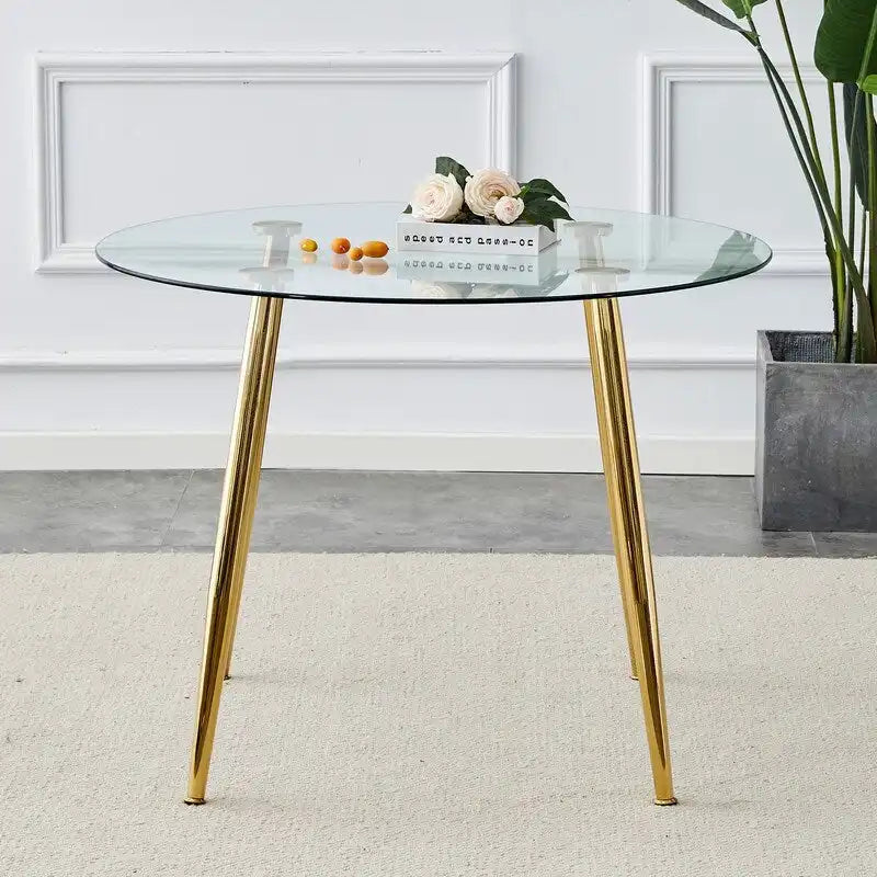 Tavolo da pranzo rotondo in vetro da 40" con gambe in metallo, argento/oro, 4-6 posti a sedere