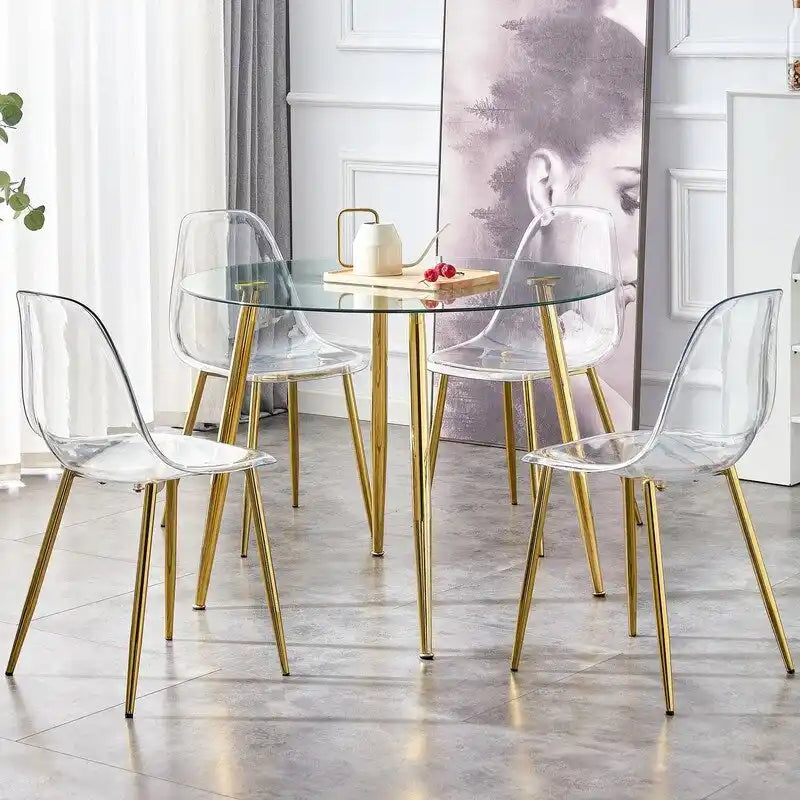 Tavolo da pranzo rotondo in vetro da 40" con gambe in metallo, argento/oro, 4-6 posti a sedere