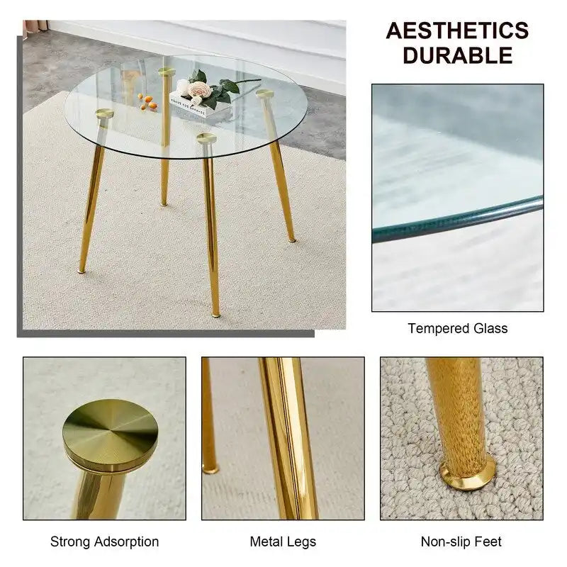 Tavolo da pranzo rotondo in vetro da 40" con gambe in metallo, argento/oro, 4-6 posti a sedere