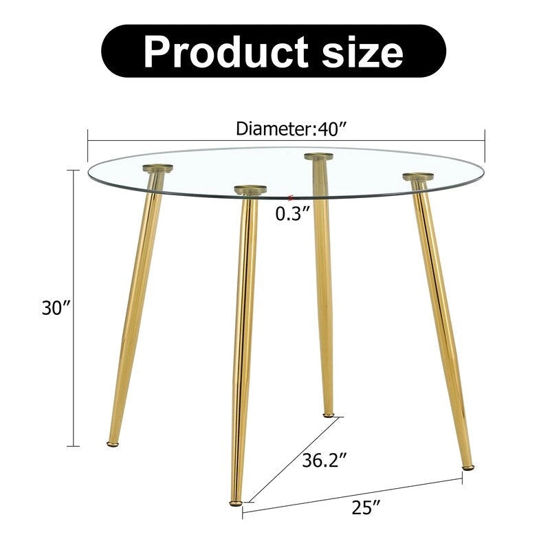 Tavolo da pranzo rotondo in vetro da 40" con gambe in metallo, argento/oro, 4-6 posti a sedere