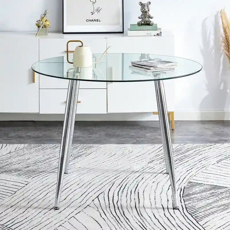 Tavolo da pranzo rotondo in vetro da 40" con gambe in metallo, argento/oro, 4-6 posti a sedere
