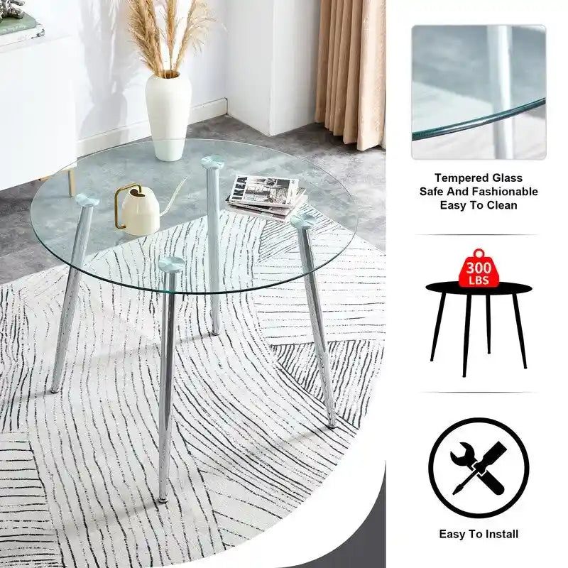 Tavolo da pranzo rotondo in vetro da 40" con gambe in metallo, argento/oro, 4-6 posti a sedere