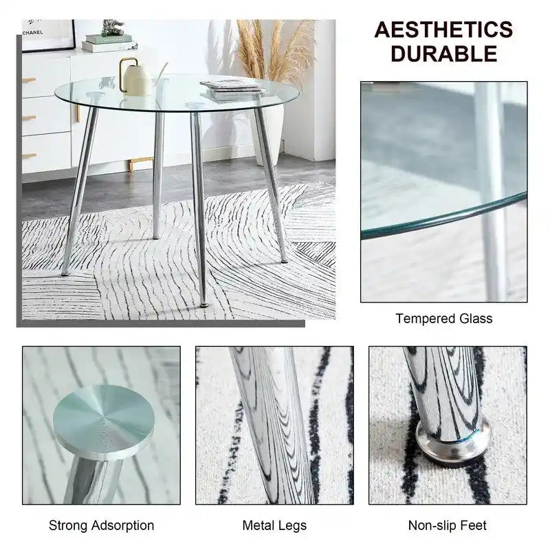 Tavolo da pranzo rotondo in vetro da 40" con gambe in metallo, argento/oro, 4-6 posti a sedere