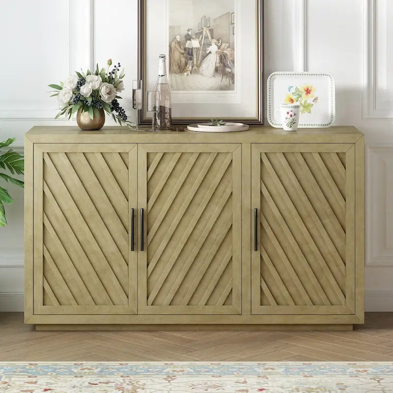 Credenza a 3 ante naturale/blu/grigia con ripiani regolabili, maniglie nere – 1 posto a sedere