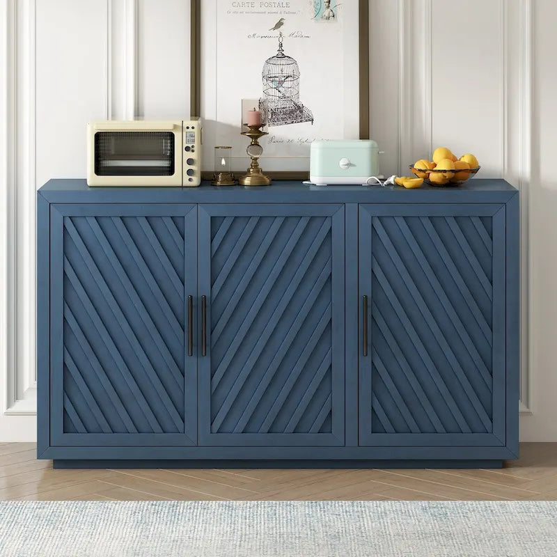 Credenza a 3 ante naturale/blu/grigia con ripiani regolabili, maniglie nere – 1 posto a sedere