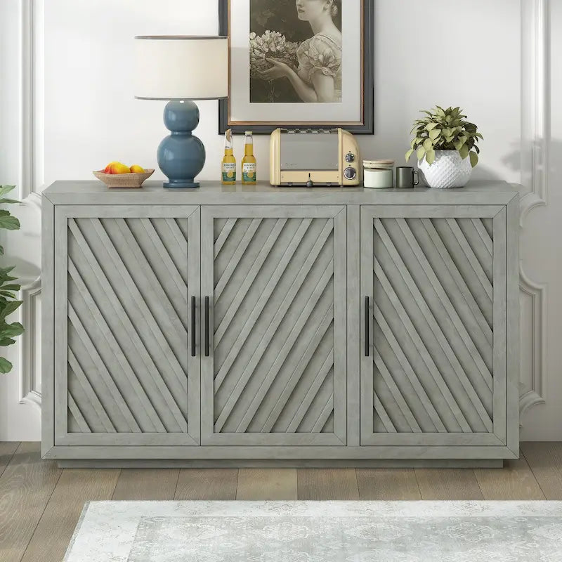 Credenza a 3 ante naturale/blu/grigia con ripiani regolabili, maniglie nere – 1 posto a sedere