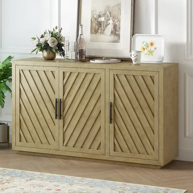 Credenza a 3 ante naturale/blu/grigia con ripiani regolabili, maniglie nere – 1 posto a sedere