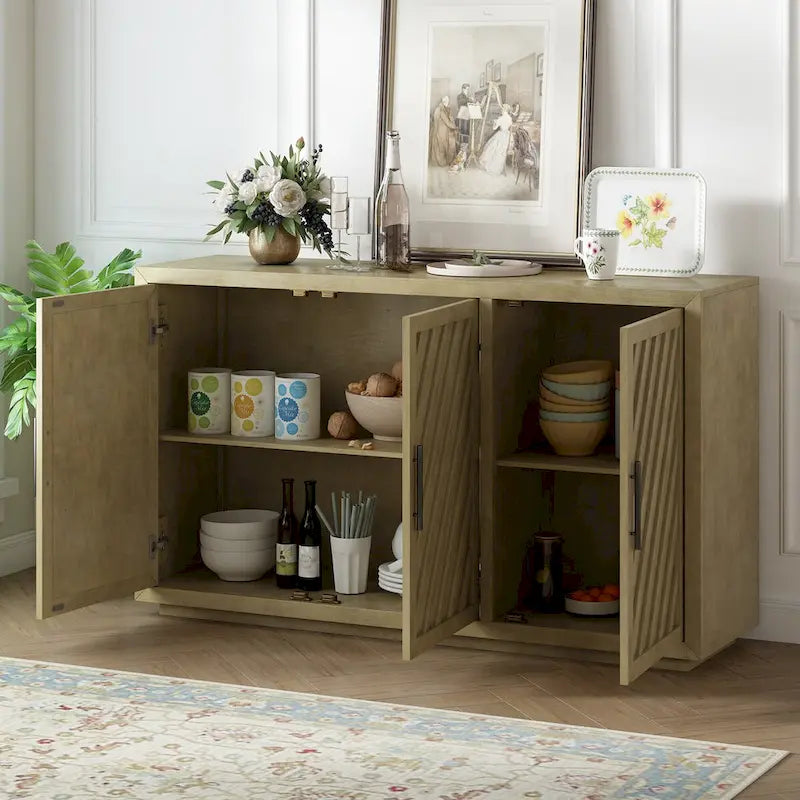 Credenza a 3 ante naturale/blu/grigia con ripiani regolabili, maniglie nere – 1 posto a sedere