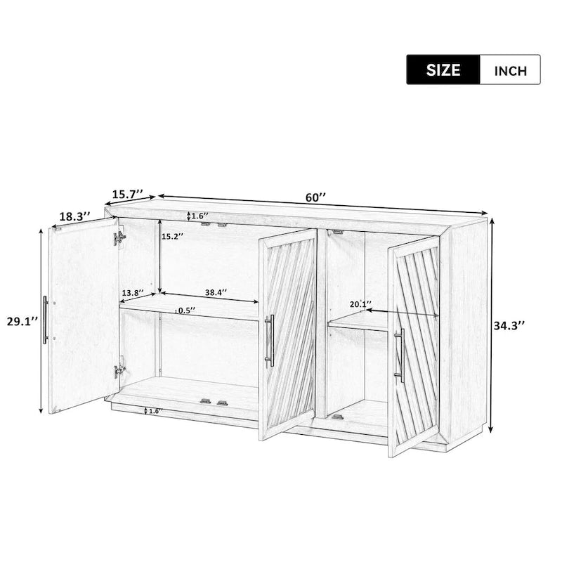 Credenza a 3 ante naturale/blu/grigia con ripiani regolabili, maniglie nere – 1 posto a sedere