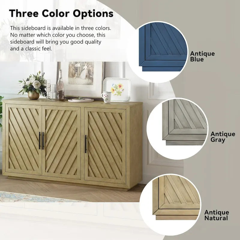Credenza a 3 ante naturale/blu/grigia con ripiani regolabili, maniglie nere – 1 posto a sedere