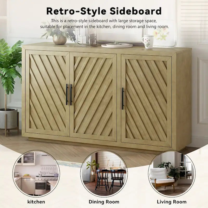 Credenza a 3 ante naturale/blu/grigia con ripiani regolabili, maniglie nere – 1 posto a sedere