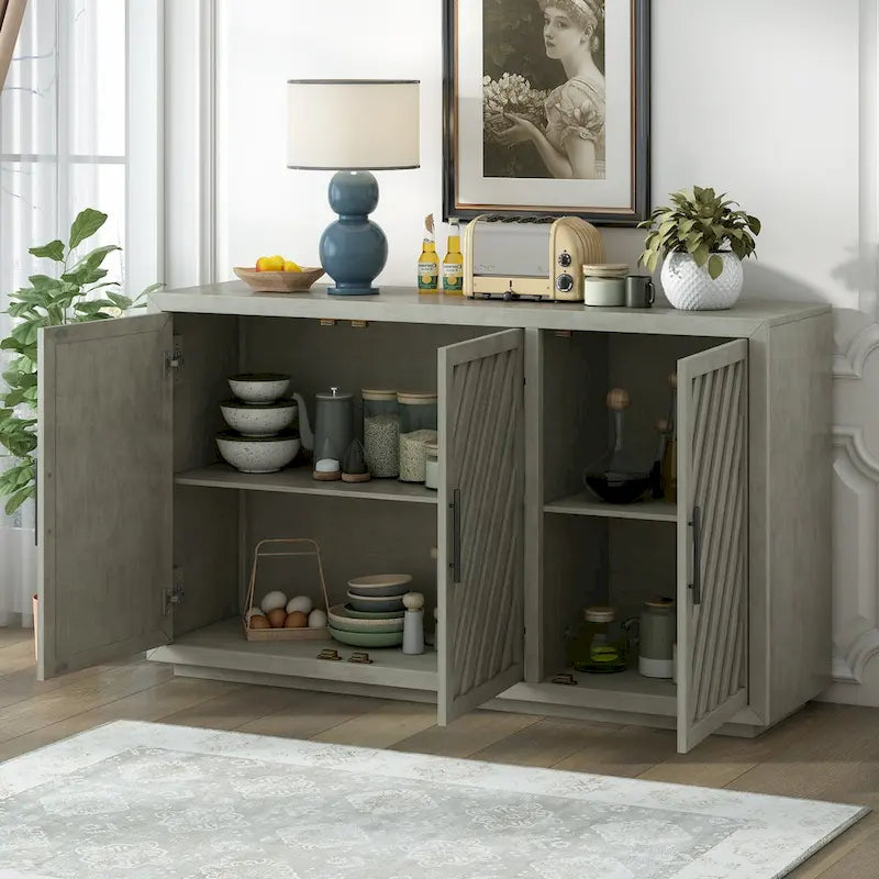 Credenza a 3 ante naturale/blu/grigia con ripiani regolabili, maniglie nere – 1 posto a sedere