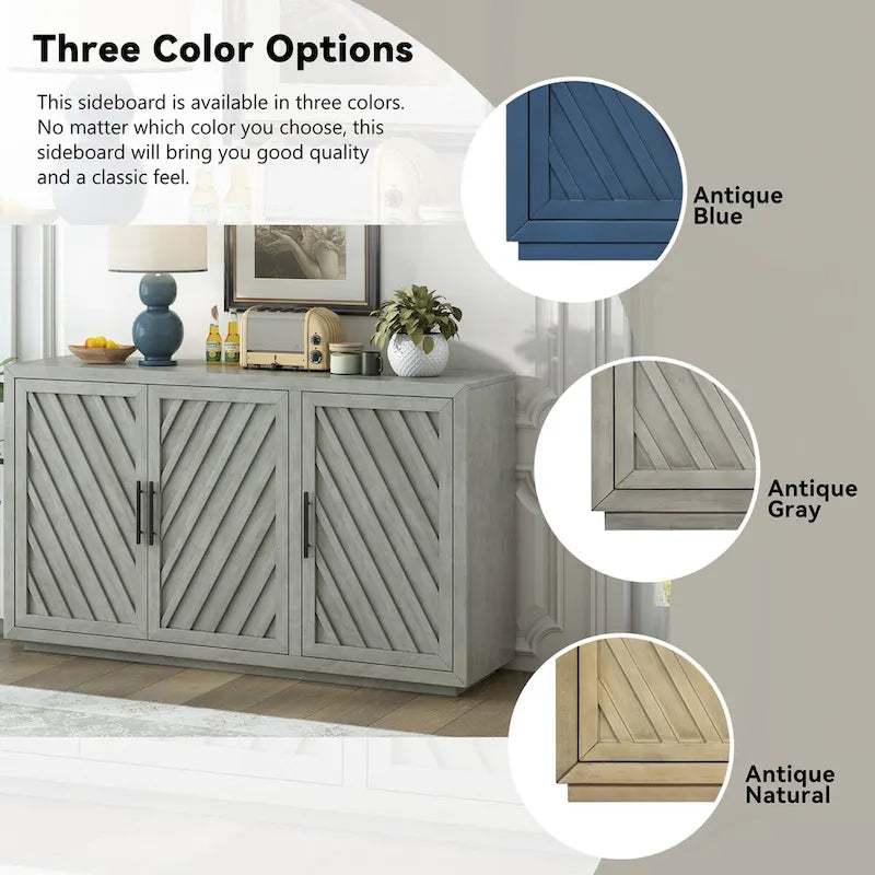 Credenza a 3 ante naturale/blu/grigia con ripiani regolabili, maniglie nere – 1 posto a sedere
