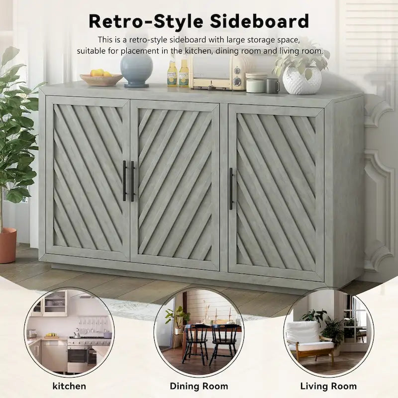 Credenza a 3 ante naturale/blu/grigia con ripiani regolabili, maniglie nere – 1 posto a sedere