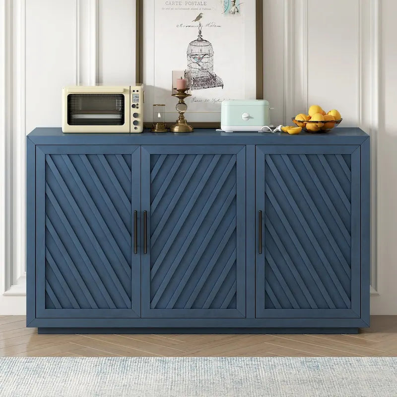 Credenza a 3 ante naturale/blu/grigia con ripiani regolabili, maniglie nere – 1 posto a sedere