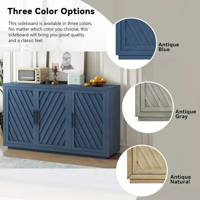 Credenza a 3 ante naturale/blu/grigia con ripiani regolabili, maniglie nere – 1 posto a sedere