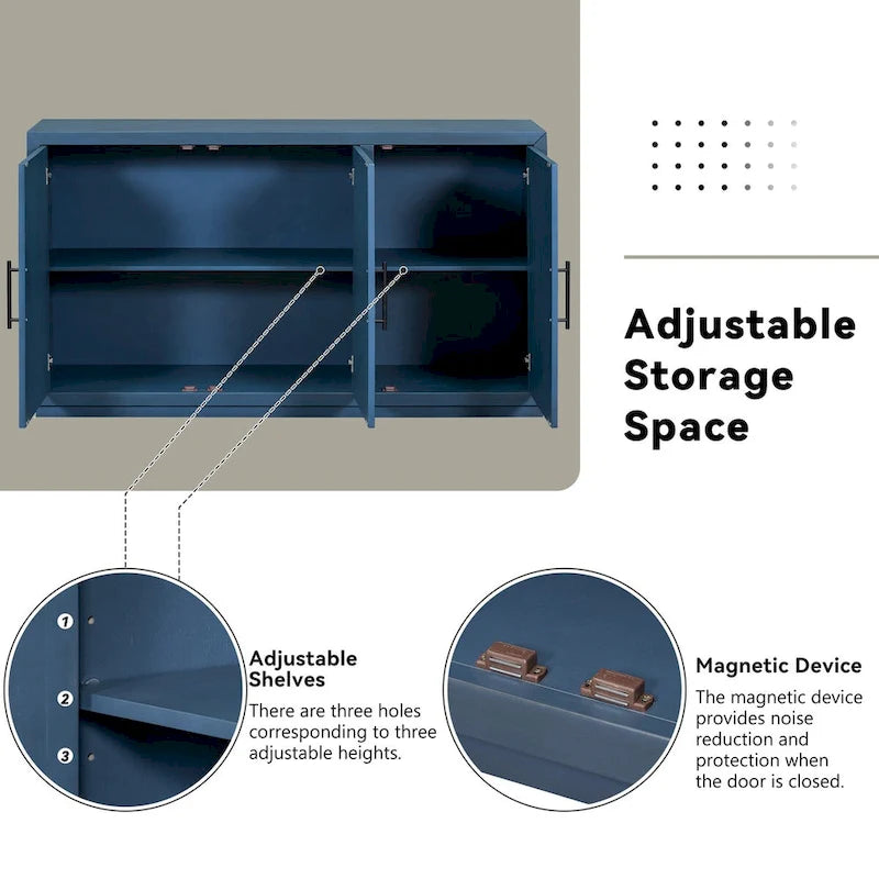 Credenza a 3 ante naturale/blu/grigia con ripiani regolabili, maniglie nere – 1 posto a sedere