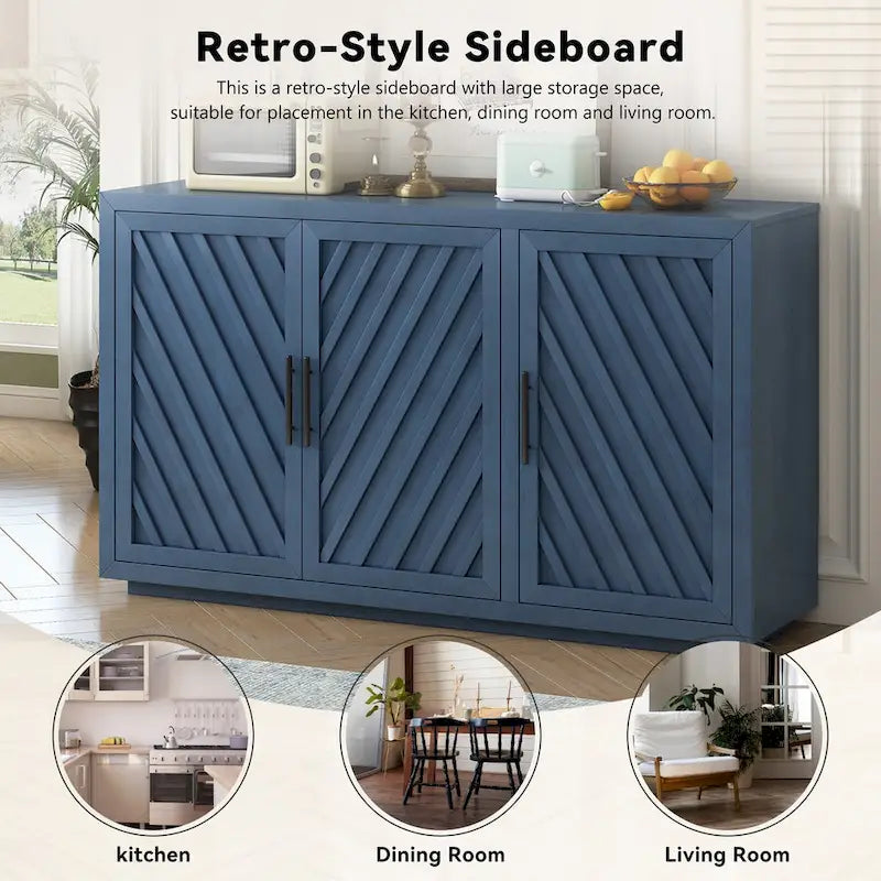 Credenza a 3 ante naturale/blu/grigia con ripiani regolabili, maniglie nere – 1 posto a sedere