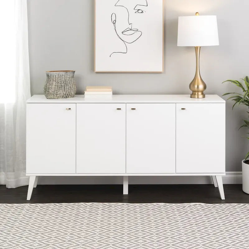 Madia/Credenza a 4 ante bianca/grigio sbiancato in stile Mid-Century Modern – Posti a sedere 4-6