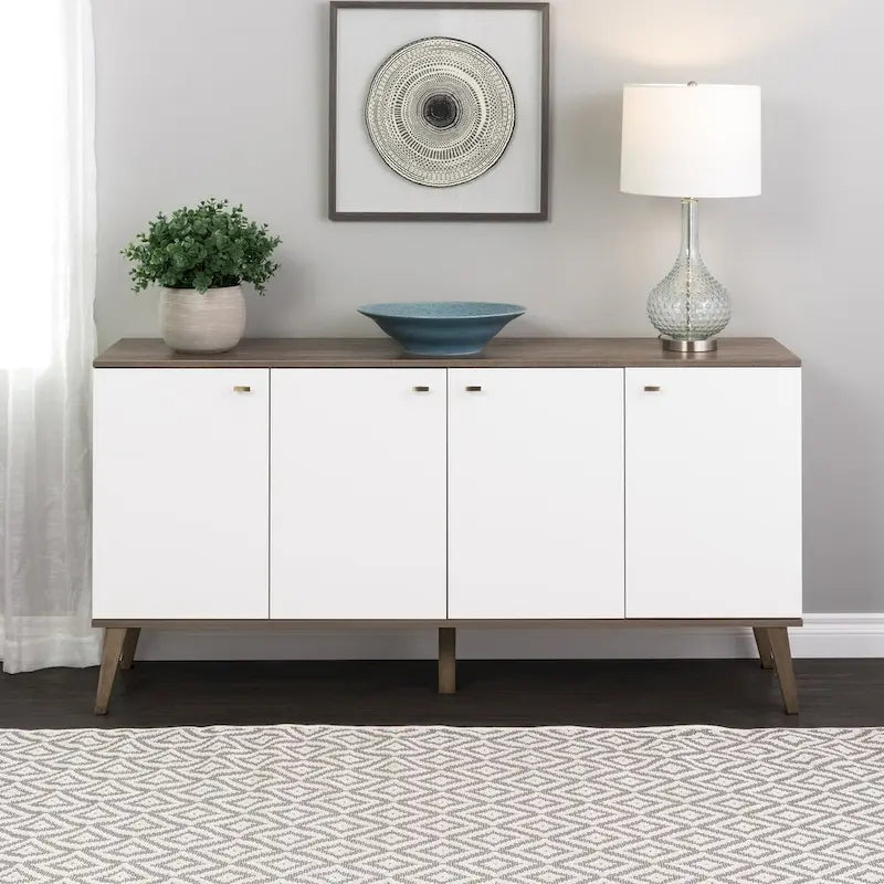 Madia/Credenza a 4 ante bianca/grigio sbiancato in stile Mid-Century Modern – Posti a sedere 4-6