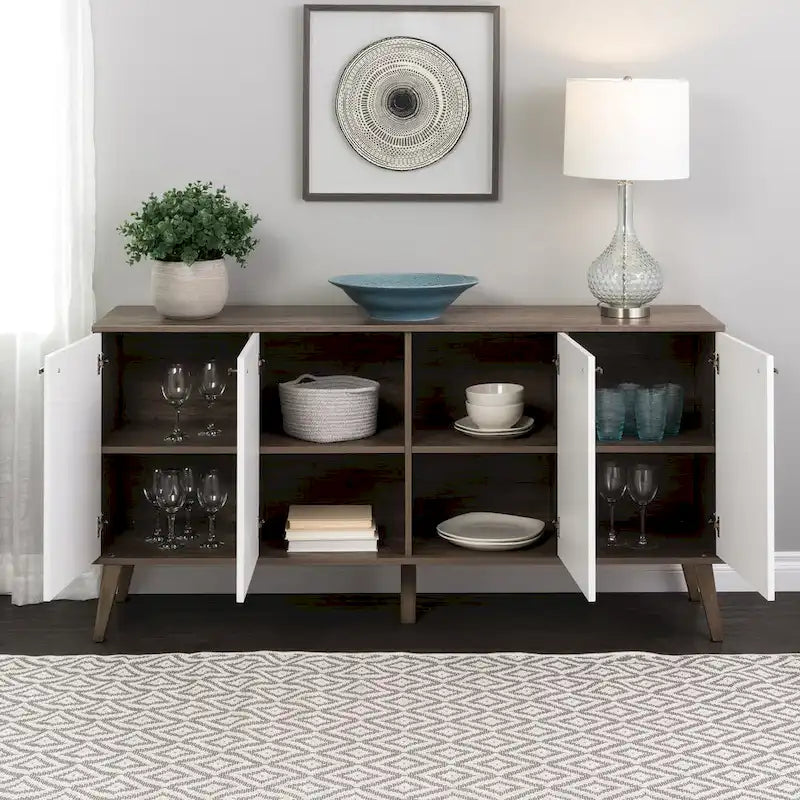 Madia/Credenza a 4 ante bianca/grigio sbiancato in stile Mid-Century Modern – Posti a sedere 4-6