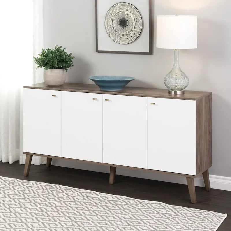 Madia/Credenza a 4 ante bianca/grigio sbiancato in stile Mid-Century Modern – Posti a sedere 4-6