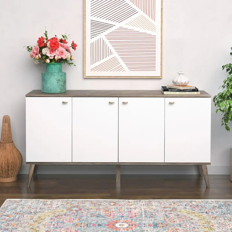 Madia/Credenza a 4 ante bianca/grigio sbiancato in stile Mid-Century Modern – Posti a sedere 4-6