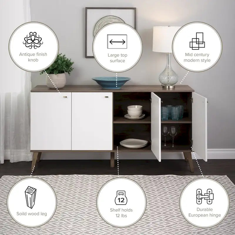 Madia/Credenza a 4 ante bianca/grigio sbiancato in stile Mid-Century Modern – Posti a sedere 4-6