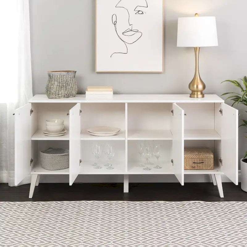 Madia/Credenza a 4 ante bianca/grigio sbiancato in stile Mid-Century Modern – Posti a sedere 4-6