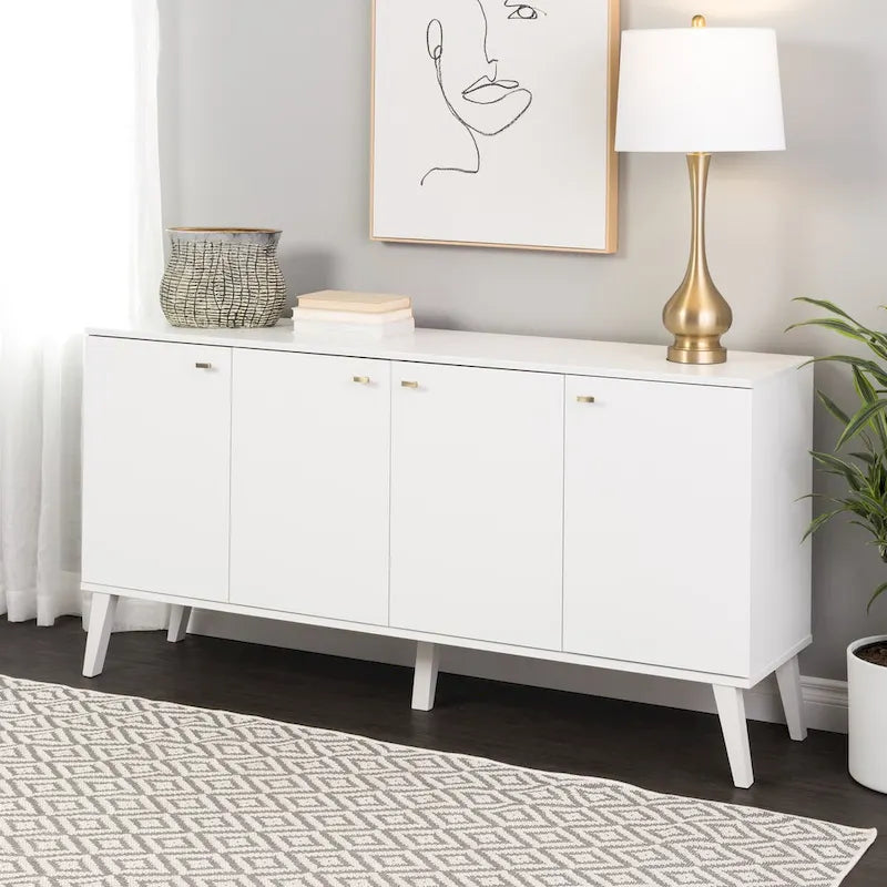 Madia/Credenza a 4 ante bianca/grigio sbiancato in stile Mid-Century Modern – Posti a sedere 4-6